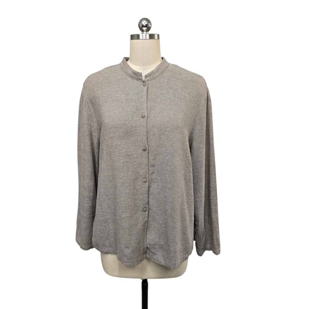 Linden Hill Womens XL Linen Blend Button Up Blouse Mandarin Collar Taupe Gray